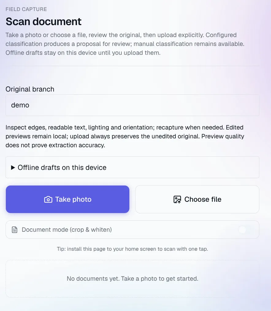 Deployr Ops mobile screen for photographing a document in the field
